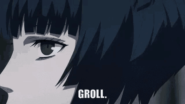 a close up of a girl 's face with the words `` groll '' written on the bottom .