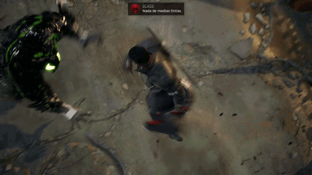 a video game screen shows a man kicking a monster and the word blade on the bottom