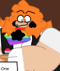 a cartoon character with a rainbow shirt on holds a sign that says one
