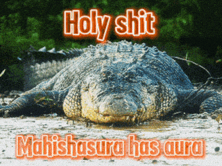 a picture of a crocodile with the words holy shit mahishasura has aura