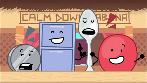 a group of cartoon characters are standing in front of a sign that says calm down abana