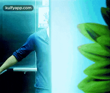 a man in a blue shirt is standing in an elevator next to a green plant
