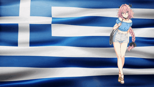 a girl with pink hair stands in front of a blue and white flag