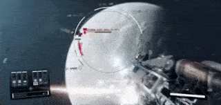 a person is holding a gun in a video game while shooting a bullet at a planet .