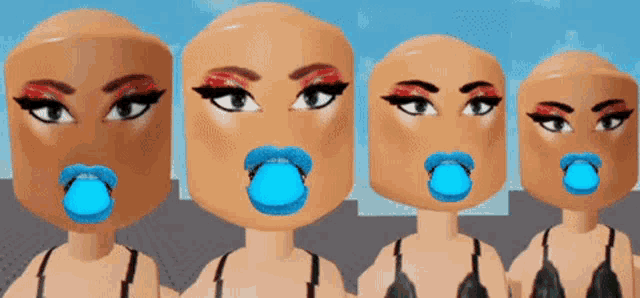 a cartoon character with blue lips and red eyeshadow