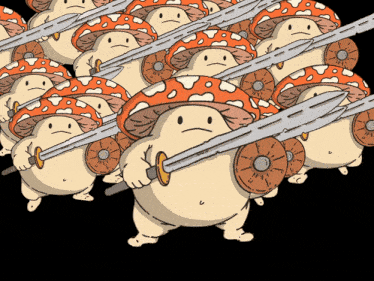 a bunch of mushrooms holding swords and shields on a black background