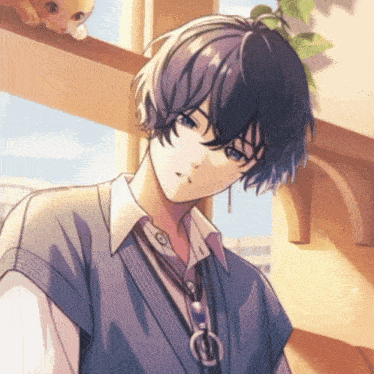 a drawing of a boy with blue hair and a cat on the stairs