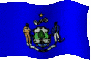 a blue flag with a coat of arms and two people on it