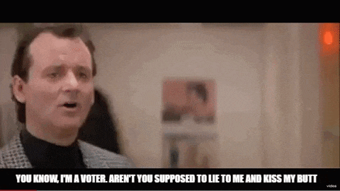 a man in a suit and tie is saying `` you know , i 'm a voter .
