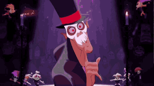 a cartoon character wearing a top hat and a skull mask is dancing in a dark room .