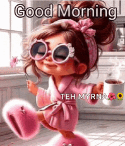 a cartoon girl in a pink robe is holding a cup of coffee and a flower .