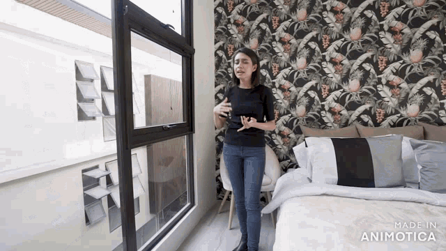 a woman is standing in front of a bed in a bedroom made in animatica