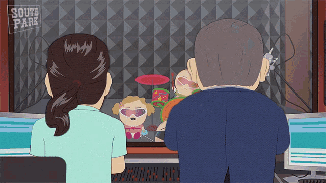 a cartoon of a man and a woman behind a south park sign