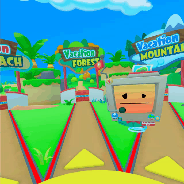 a cartoon scene with a sign that says vacation forest on it