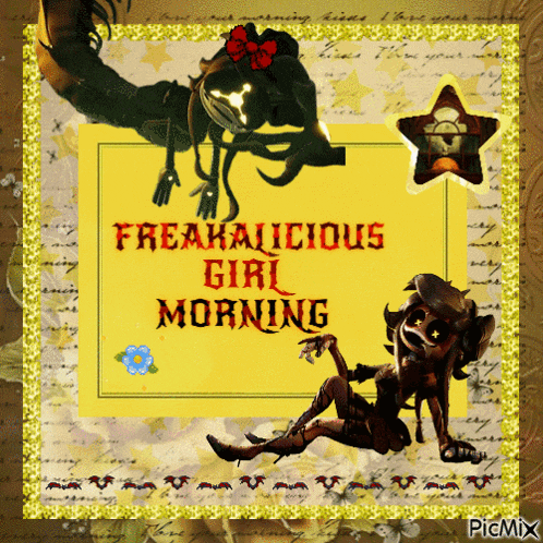 a freakalicious girl morning card with a monster and a woman