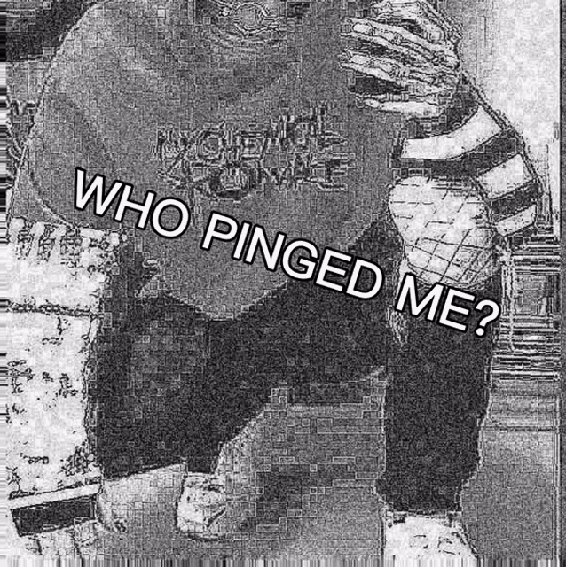 a black and white photo of a person with the words `` who pinged me '' written on it .