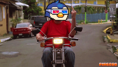 a man riding a motorcycle with a pixelated bird on his head