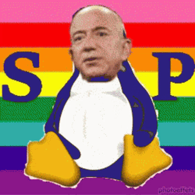 a picture of a man dressed as a penguin with the letter s and p behind him