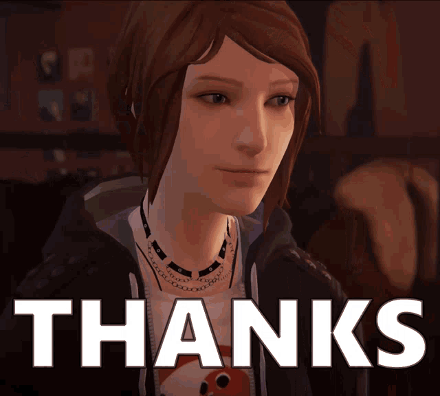a video game character says thanks in front of a dark background