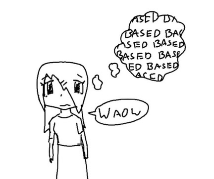 a black and white drawing of a girl with a speech bubble that says wow