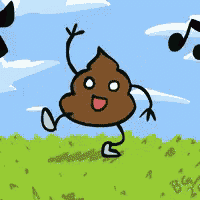 a cartoon drawing of a poop with arms and legs standing in a field