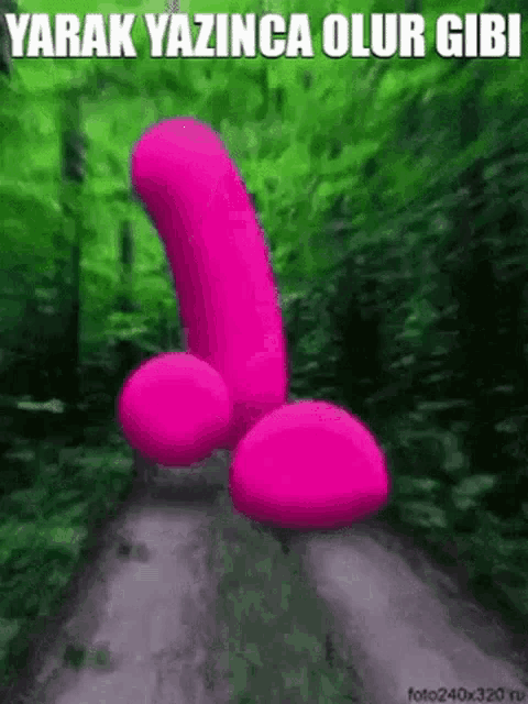a pink penis is standing on a dirt road in the middle of a forest .