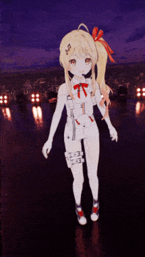 a girl with blonde hair and a red bow on her head