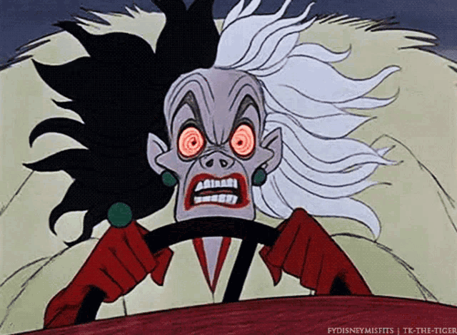 cruella de vil from the disney movie 101 dalmatians is driving a car with red eyes