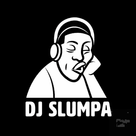 a black and white drawing of a man wearing headphones and the words dj slumpa