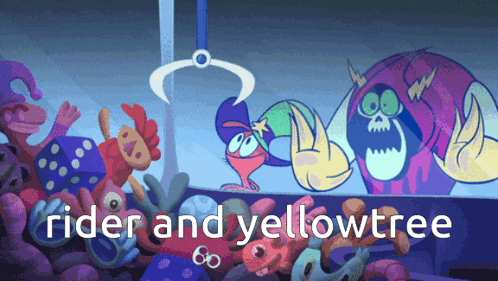 a cartoon scene with the words " rider and yellowtree "