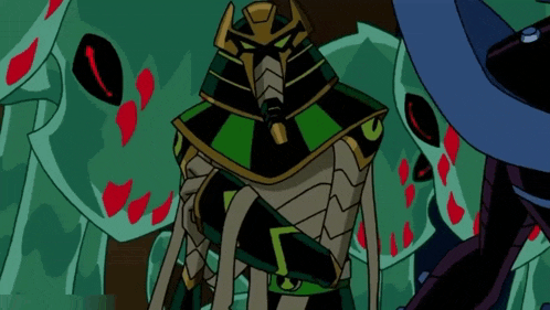 a group of green aliens with red eyes and mouths