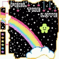 a pixel art illustration of a rainbow and a star .