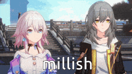 two anime girls are standing next to each other and the word millish is on the bottom of the image