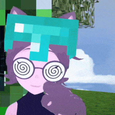 a cartoon character with hypnotic glasses and a t on her head