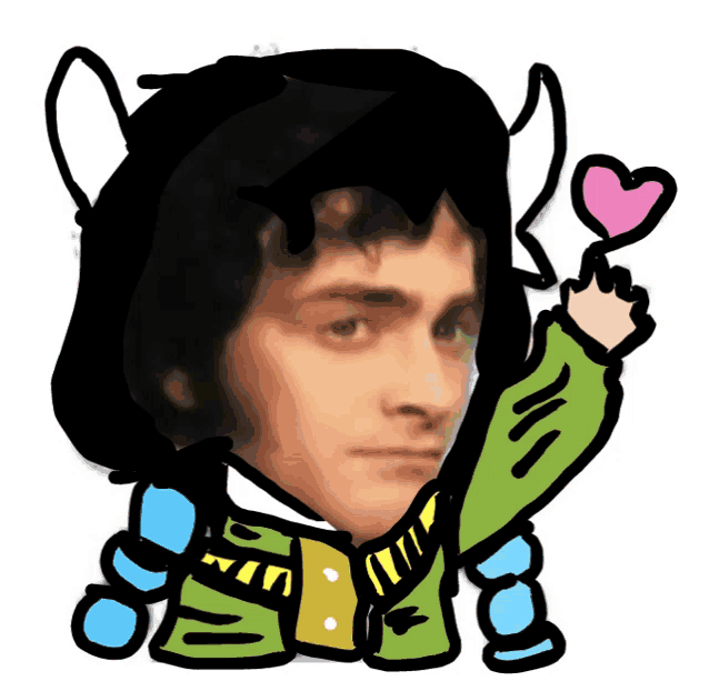 a drawing of a man wearing a green jacket giving a heart