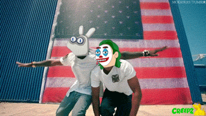 a couple of cartoon characters standing in front of an american flag with creepz written on the bottom right