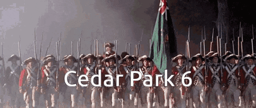 a group of soldiers marching in a line with the words cedar park 6 below them