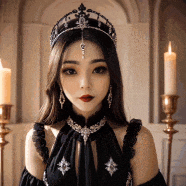 a woman wearing a black dress and a tiara with candles in the background