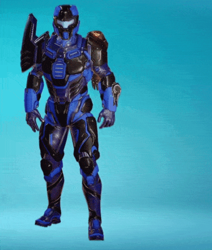 a blue and black robot with a shield on his back