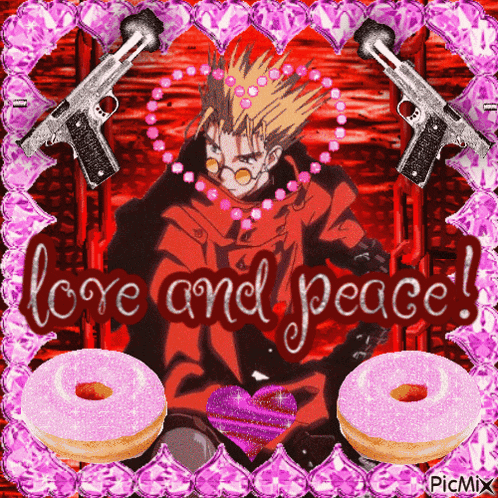 a picture of a man with guns and donuts with the words love and peace on it
