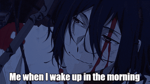 a cartoon of a man with blood on his face and the words me when i wake up in the morning