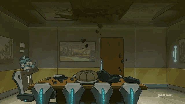 a cartoon of a man sitting at a table with the word adult swim on the bottom