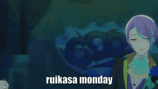 a couple of anime characters standing next to each other with the words " ruikasa monday " on the bottom right