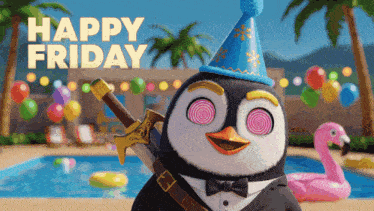 a penguin is wearing a party hat and holding a sword in front of the words happy friday