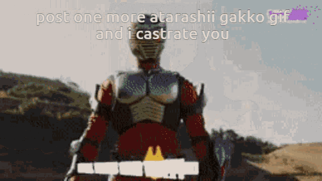 a gif of a superhero with the words post one more atarashii gakko gif and i castrate you
