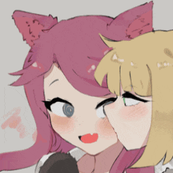 a drawing of a girl with a cat ear kissing another girl on the cheek