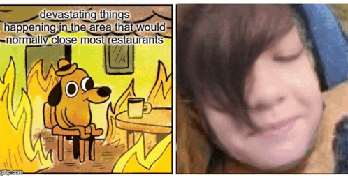 a cartoon of a dog sitting at a table next to a picture of a person