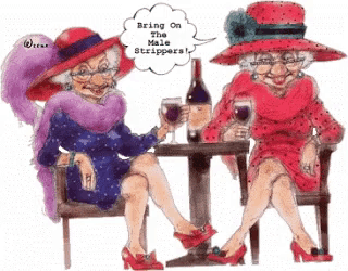 a cartoon of two women sitting at a table with glasses of wine and a speech bubble that says bring on the male strippers