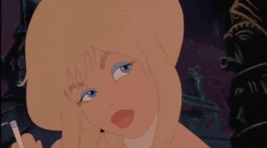 a cartoon woman is smoking a cigarette and making a face