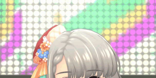 a close up of a person 's face with a polka dot background behind them